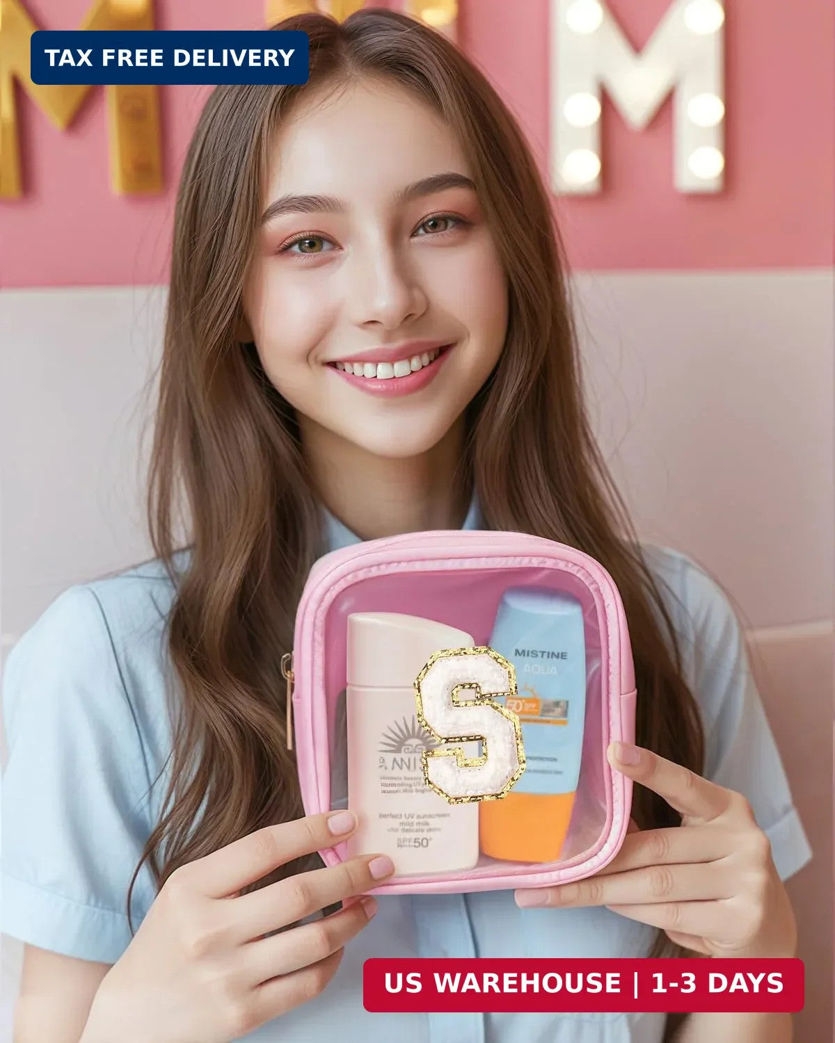 Cute Cosmetic Bag for Teen Girls - Travel Makeup Organizer with Initial Personalization