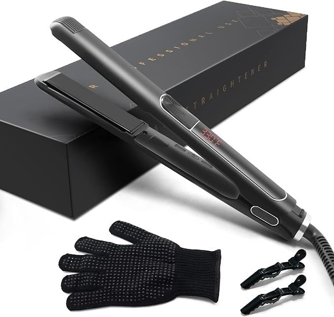 Professional 1-Inch Ceramic Flat Iron Hair Straightener with Clips & Gloves