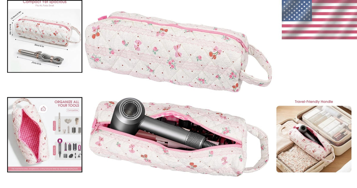 Travel Hair Tool Organizer Bag Pink Portable Dryer & Curling Iron Case