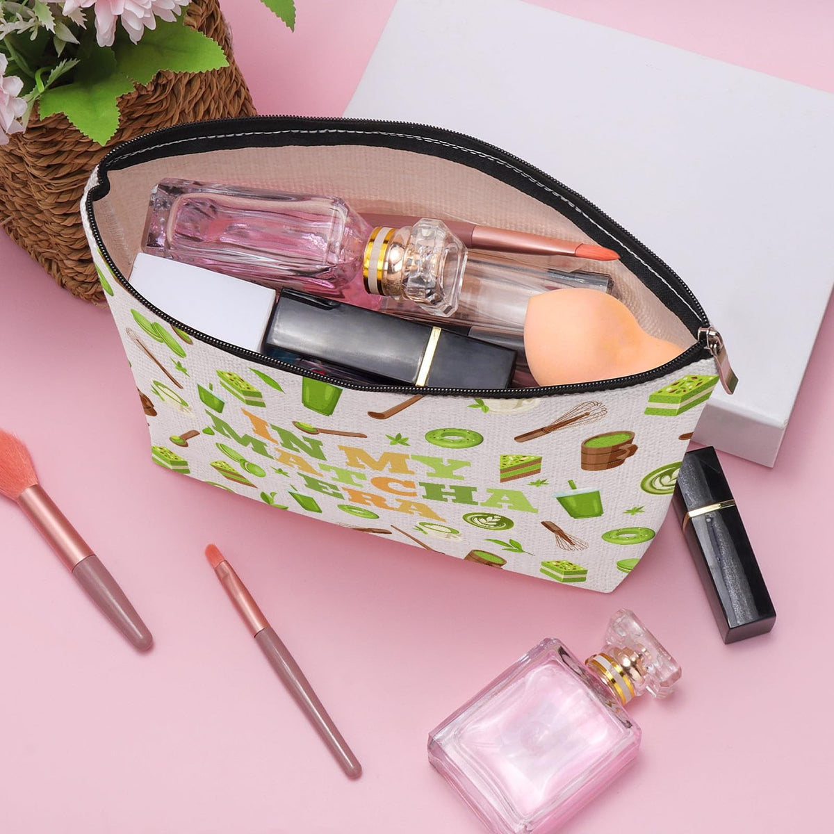 Matcha Themed Makeup Bag for Women - Beige Linen Cosmetic Organizer 25x17cm