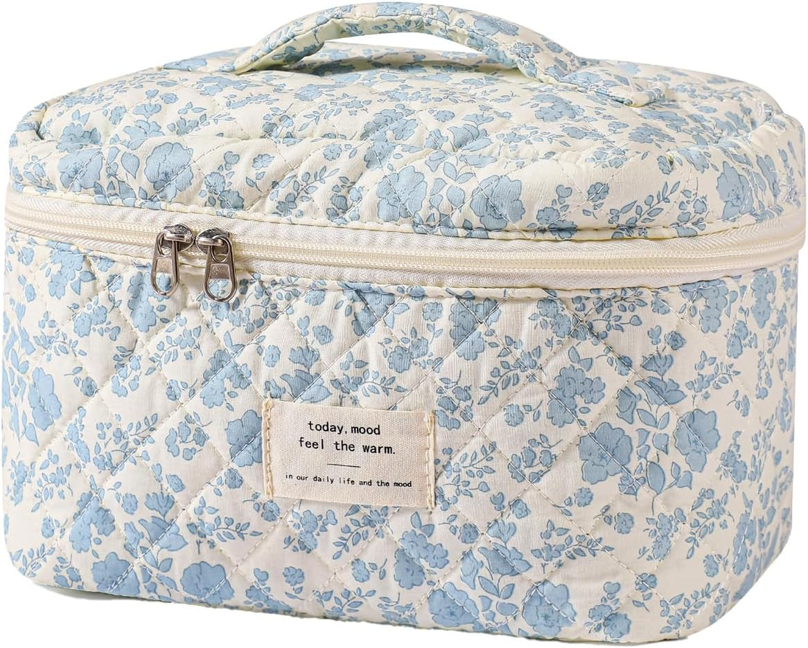 Large Quilted Makeup Bag with Floral Pattern – Travel Cosmetic Organizer for Women