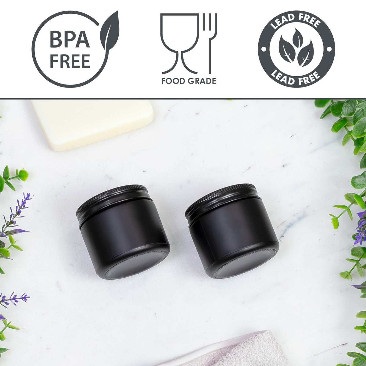 2oz Black Coated Glass Jars with Black Metal Lids - Cosmetic & Spice Containers, 12-Pack