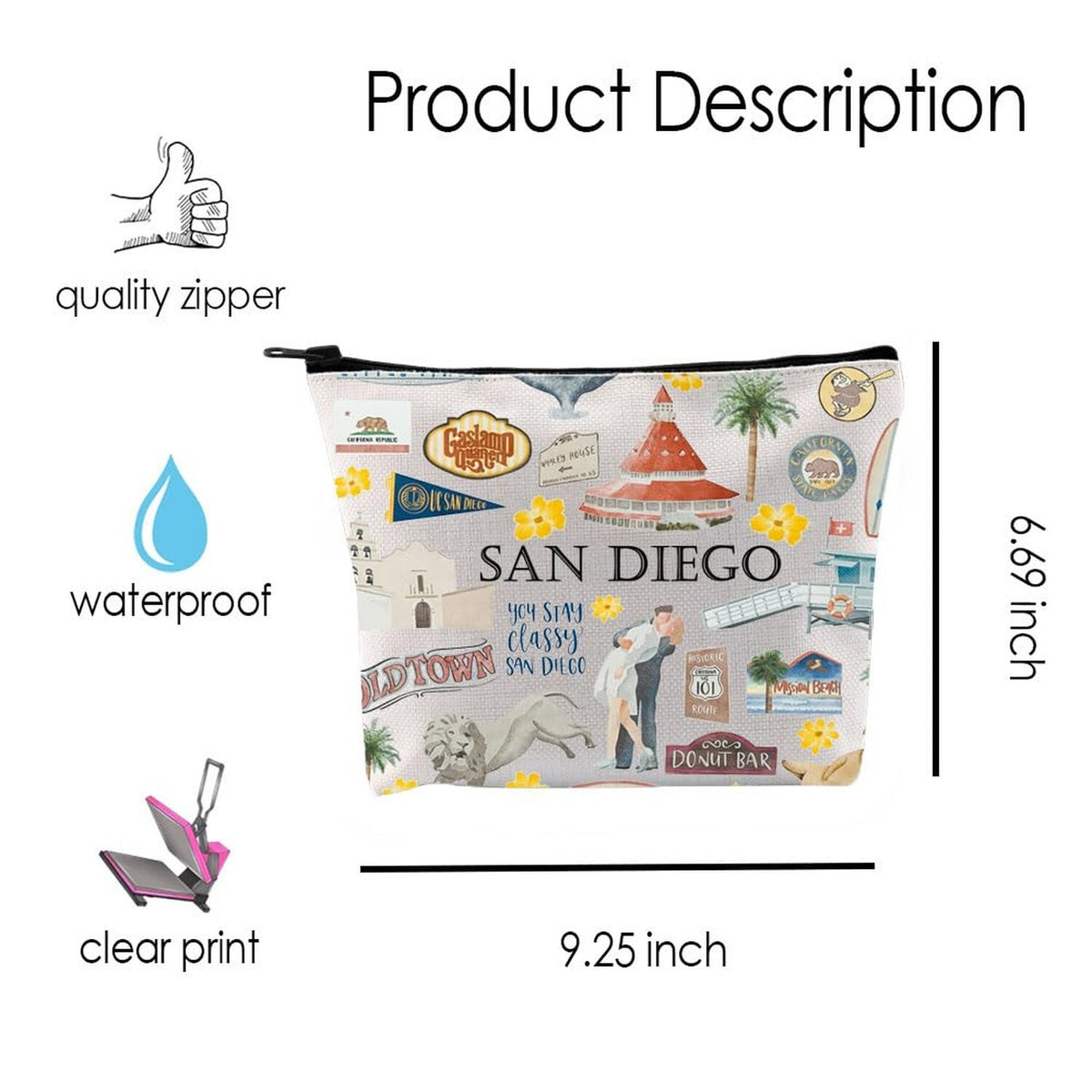 San Diego Travel Makeup Bag Waterproof Cotton Organizer for Women