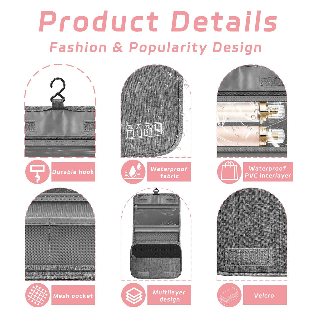 Waterproof Hanging Toiletry Bag - Travel Cosmetic Organizer, Grey, Small