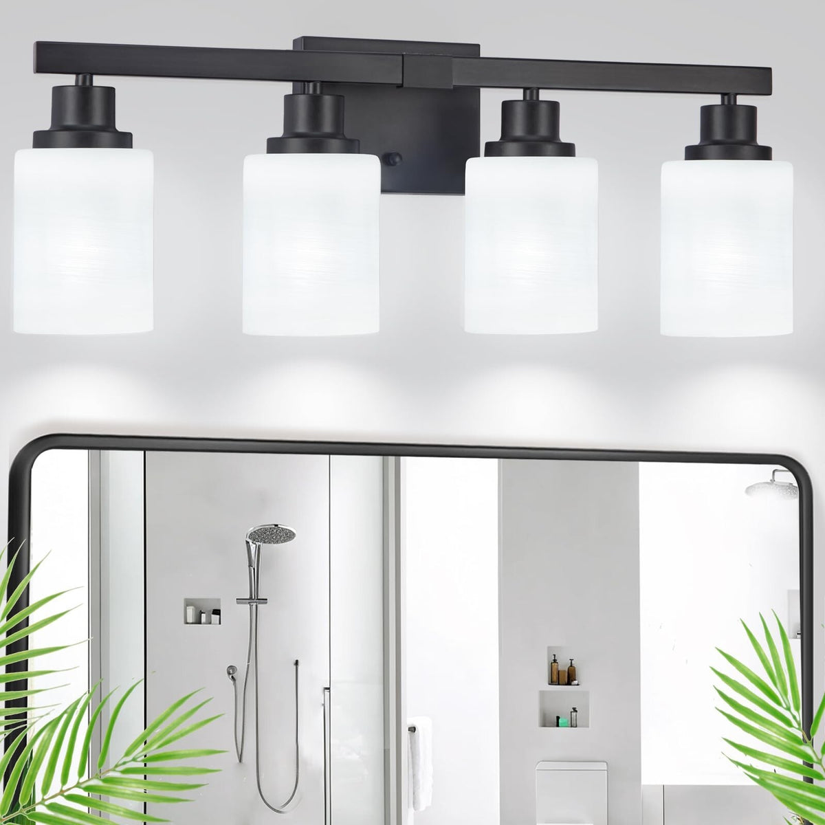 4-Light Matte Black Bathroom Vanity Light with White Glass Shades