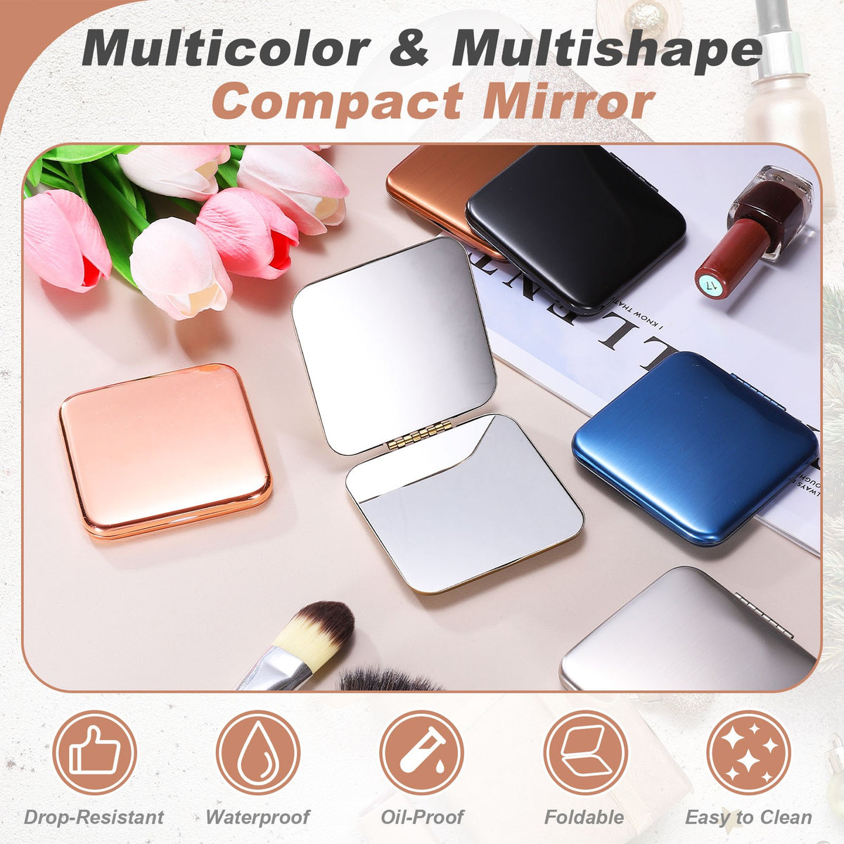 Small Stainless Steel Compact Pocket Mirror Square Silver for Travel & Makeup