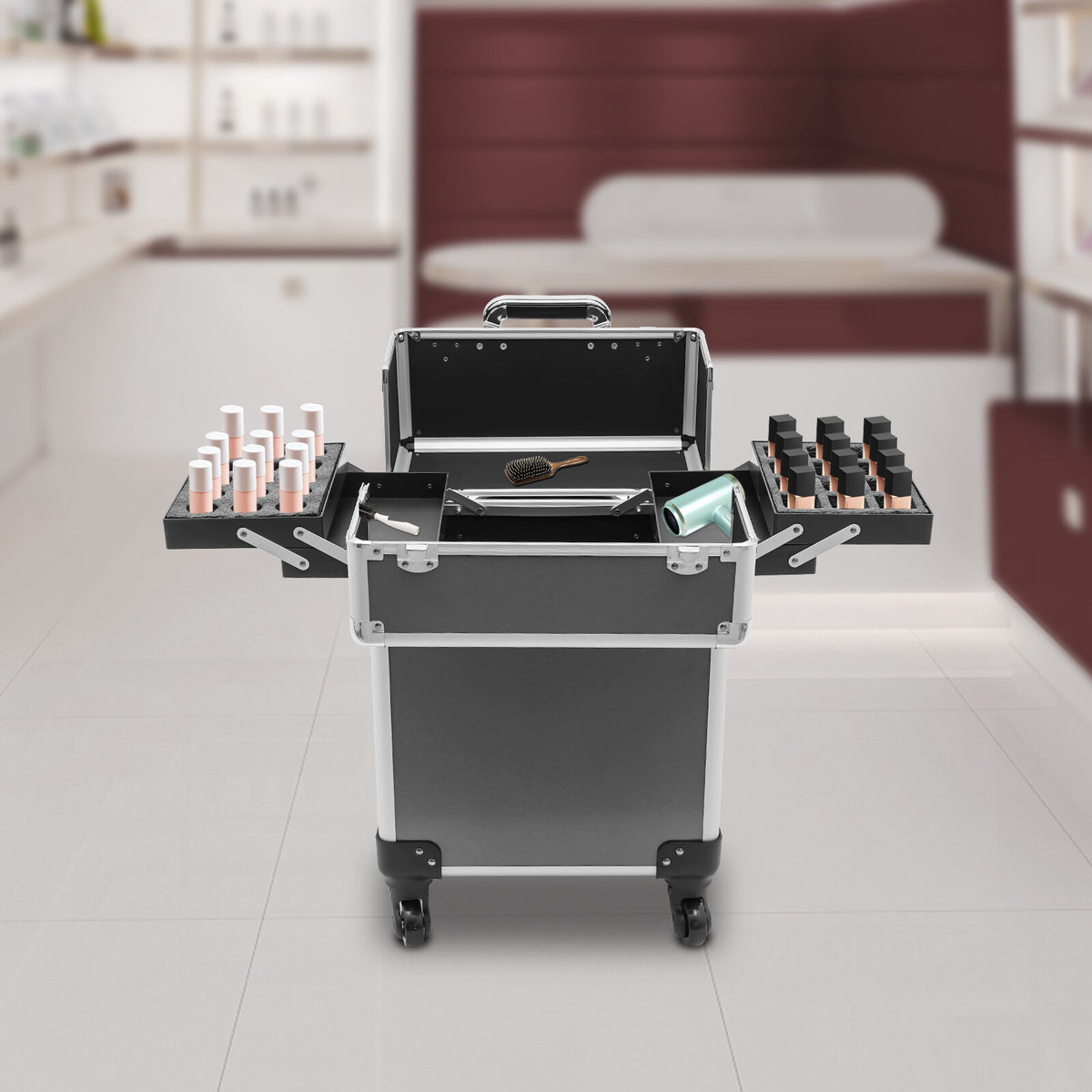 Rolling Makeup Train Case Cosmetic Trolley with Wheels Black