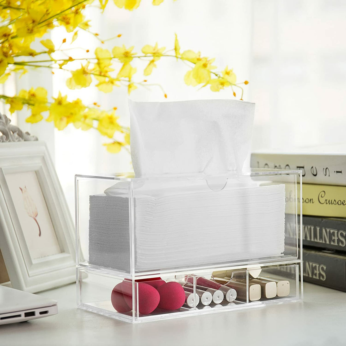 Clear Acrylic Cosmetic Organizer with Tissue Dispenser, Countertop Storage