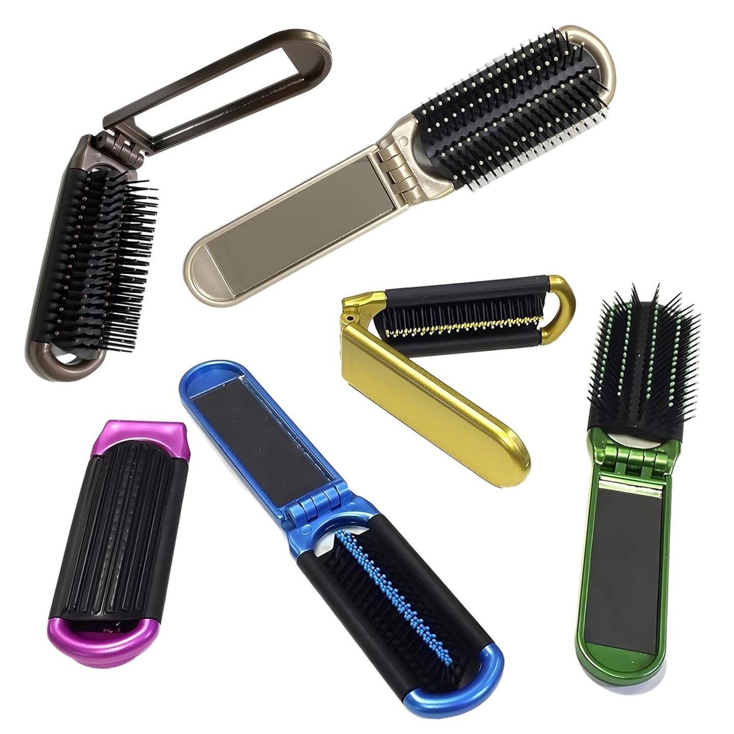 Travel Folding Hair Brush with Mirror - Compact Styling Brush Set
