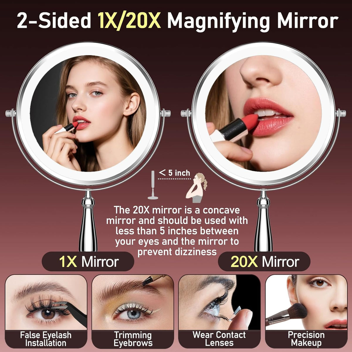 LED Lighted Makeup Mirror with 20X Magnification - Rechargeable, Touch Control, 9-Inch Dual-Sided Vanity Mirror for Women
