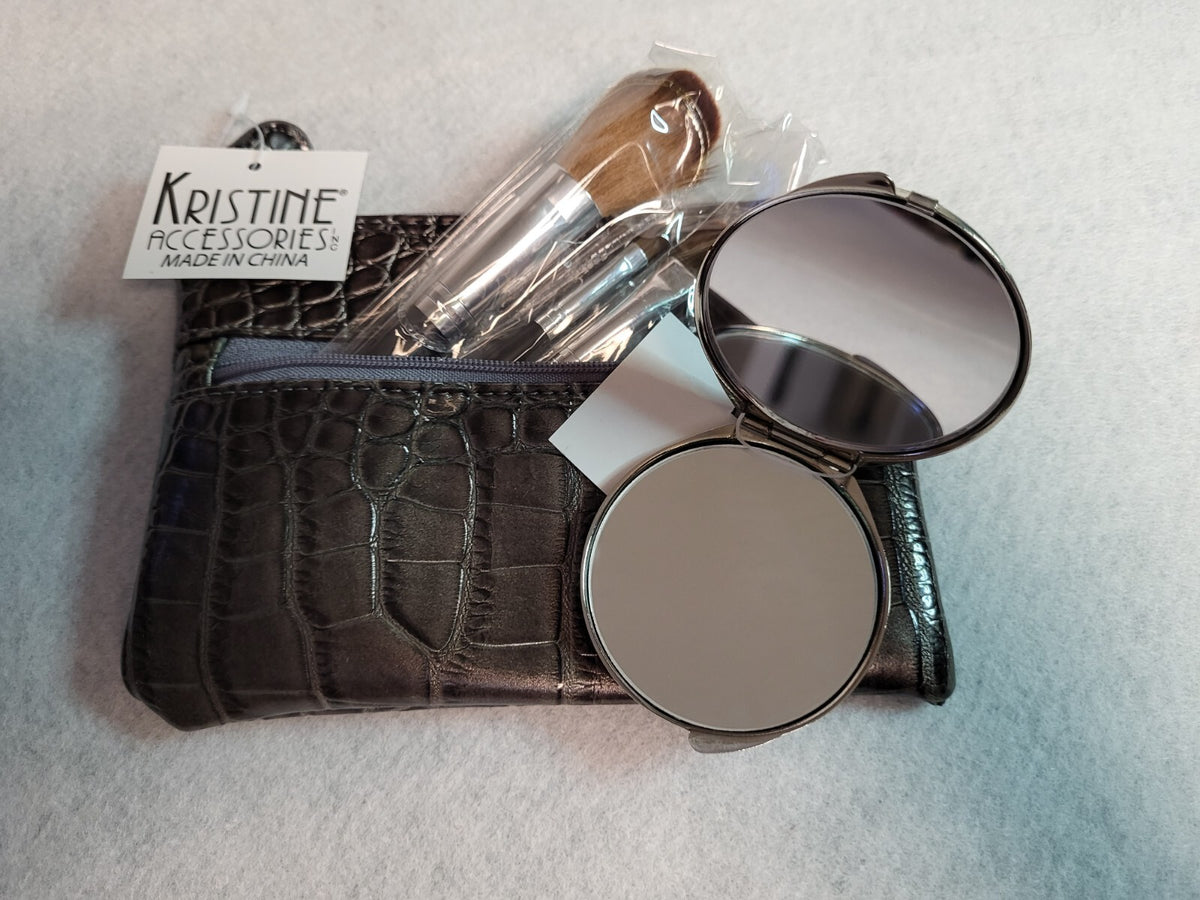 Makeup Brush Set with Cosmetic Bag Travel Kit 5-Piece Brown Faux Leather