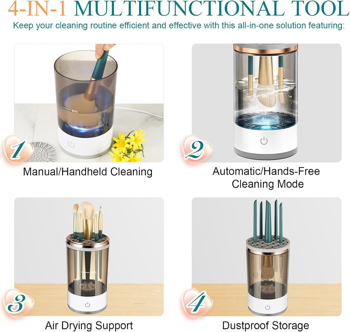 Electric Makeup Brush Cleaner 4-in-1 Multifunctional Tool with Drying & Storage