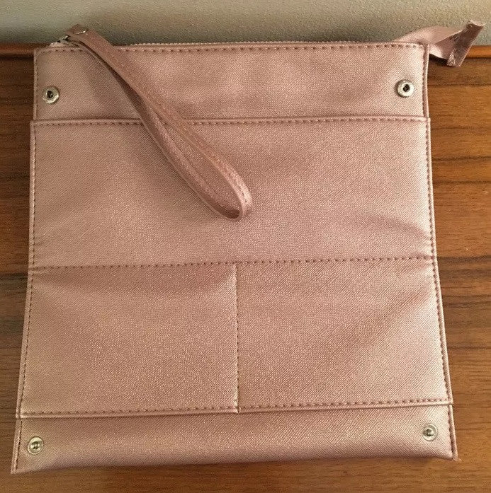 Metallic Rose Gold Faux Leather Makeup Bag - Slim Cosmetic Pouch with Zipper & Wristlet
