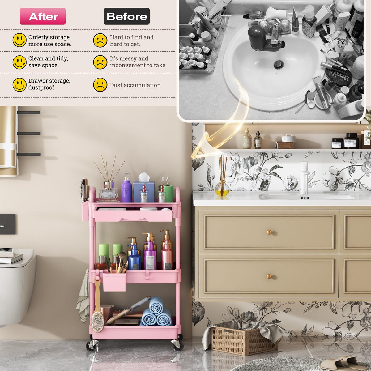 Pink 3-Tier Rolling Makeup Organizer Cart with Removable Drawer
