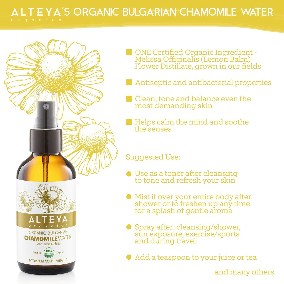Organic Chamomile Water for Skin & Hair Hydrating Soothing 4 Fl Oz