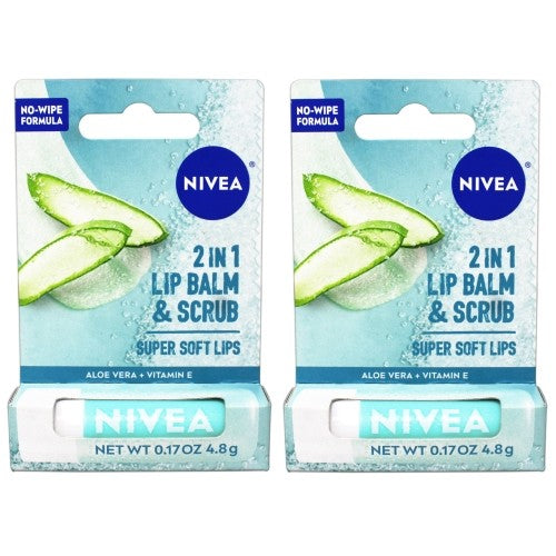 2 Pack Lip Balm & Scrub for Soft Lips with Aloe Vera & Vitamin E - Gentle Exfoliating Stick