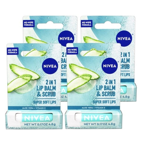 4 Pack Nivea Lip Balm & Scrub for Soft & Moisturized Lips Aloe Vera Vitamin E