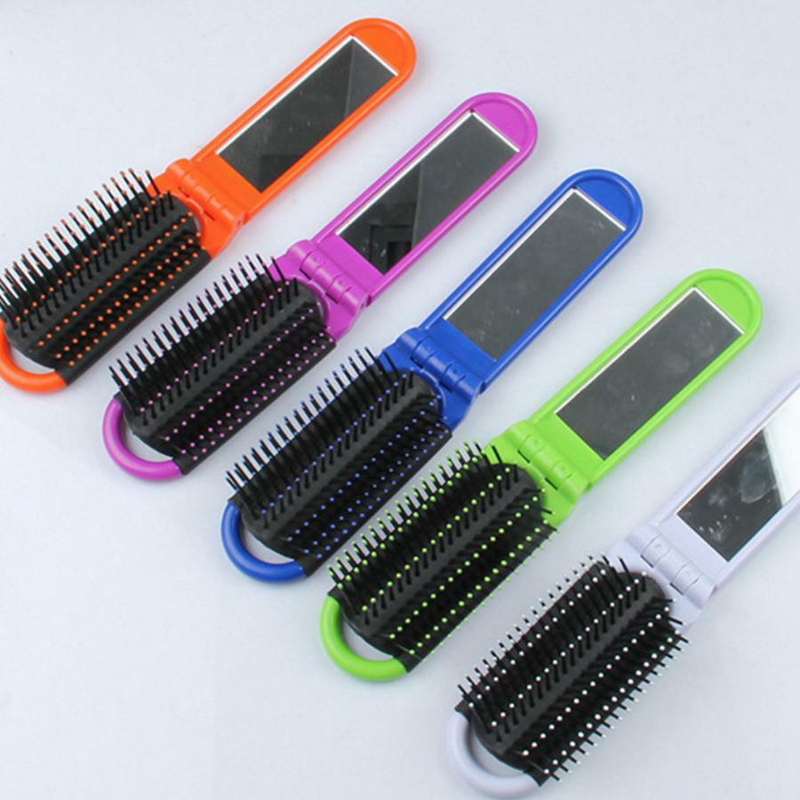 Portable Folding Hair Brush with Mirror Travel Comb Compact Hair Styling Tool