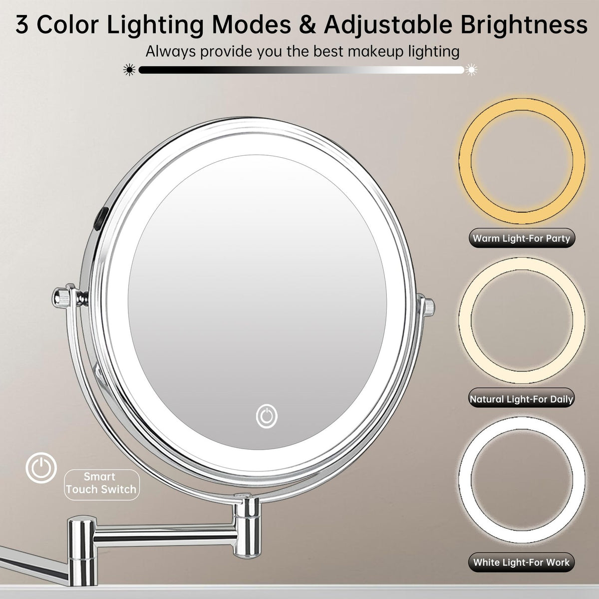 8-Inch Rechargeable Wall Mounted Lighted Makeup Mirror with 10X Magnification and 3 Lighting Modes