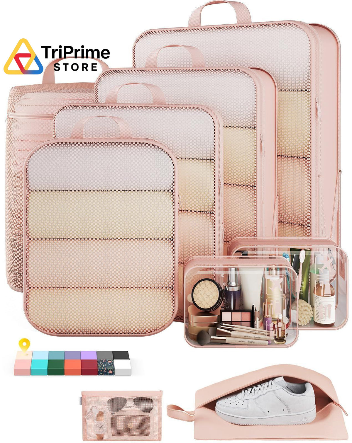 Travel Compression Packing Cubes Set - 9 Pieces Luggage Organizers Beige