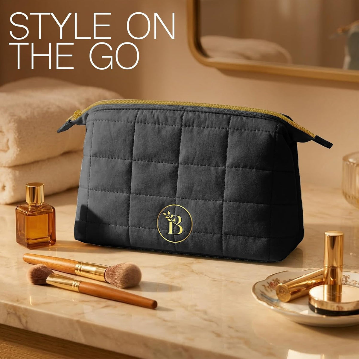 Quilted Black Makeup Bag | Travel Toiletry Organizer with Wide-Open Top