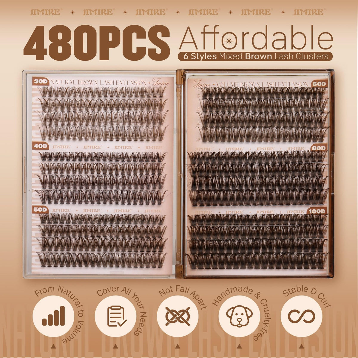 Brown Eyelash Clusters Set - 6 Styles Mixed D Curly Lash Extensions 476 pcs