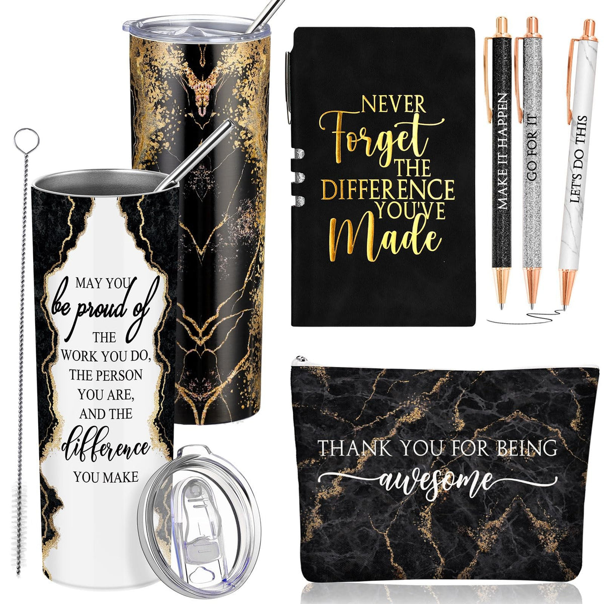 Employee Appreciation Gift Set for Women - Stainless Steel Tumbler Notepad & Makeup Bag