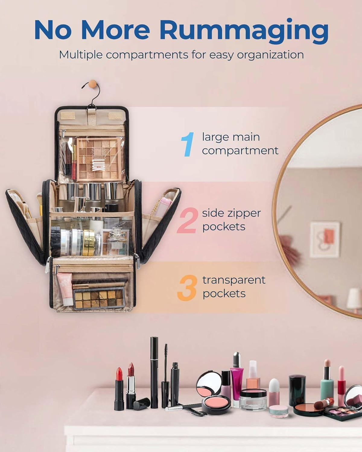 Large Capacity Hanging Makeup Bag with Travel Organizer and Clear Pockets
