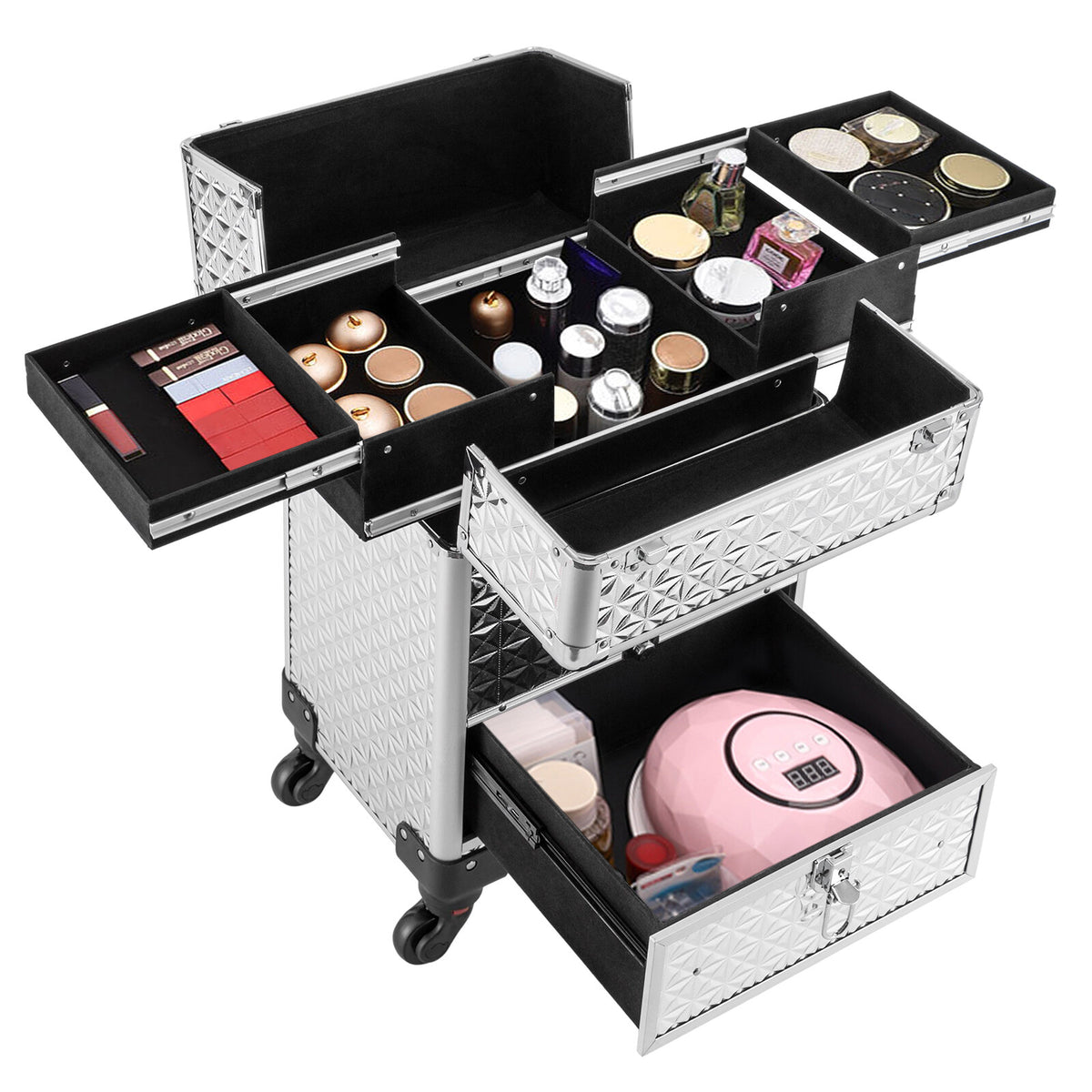 Rolling Makeup Train Case with 7 Compartments and 4 Wheels Cosmetic Storage Trolley