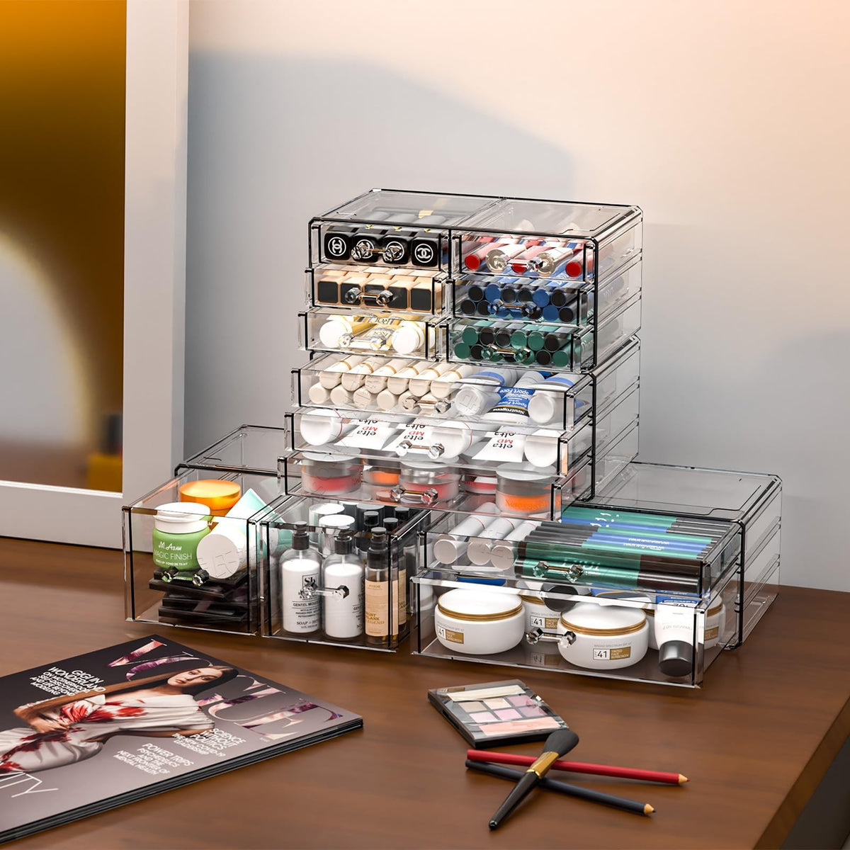 Clear Acrylic Makeup Storage Organizer with 13 Drawers - 4 Pack