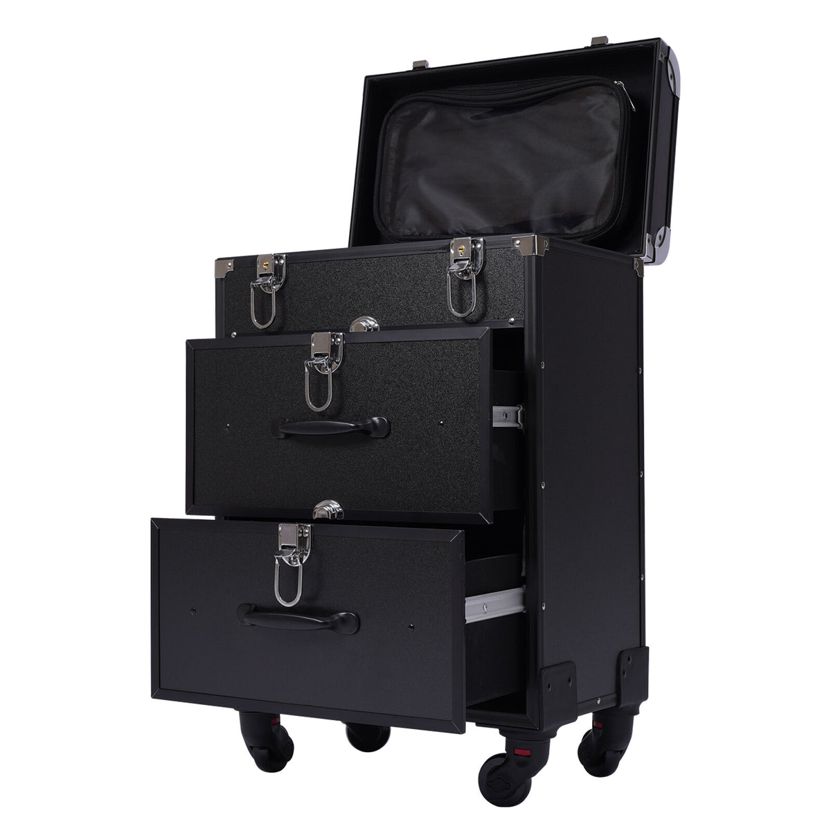 Professional Rolling Makeup Train Case with Multi-Layer Storage and Durable Aluminum Frame