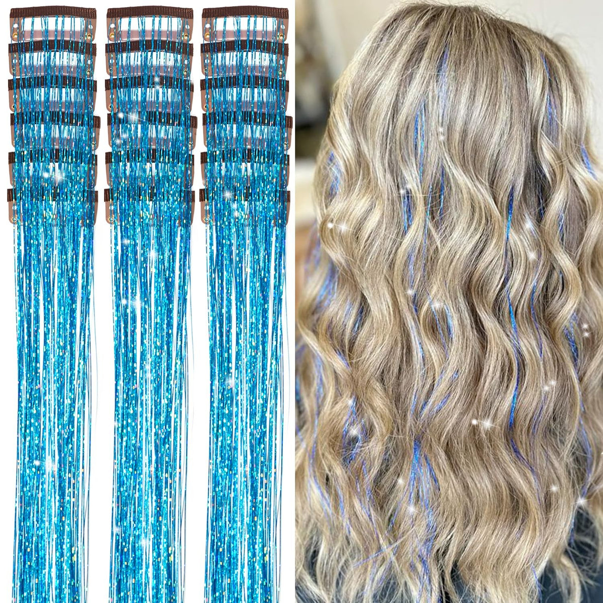 Sparkling Clip-In Hair Tinsel Extensions - Sky Blue, 20 Inch, 18 Pack