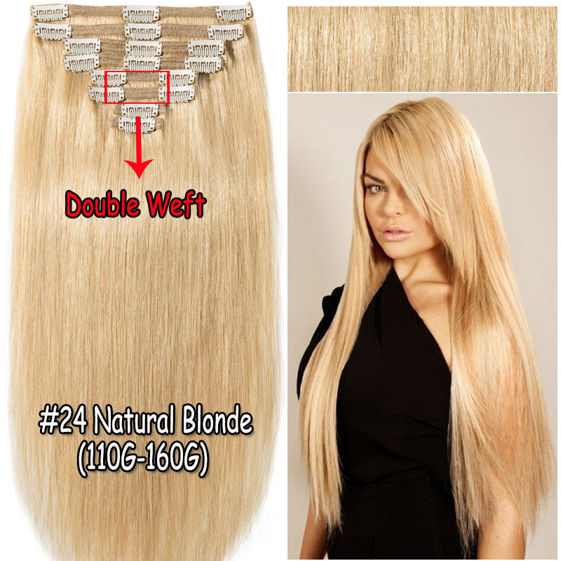 Thick Double Weft Clip-In Human Hair Extensions Full Head - Natural & Straight