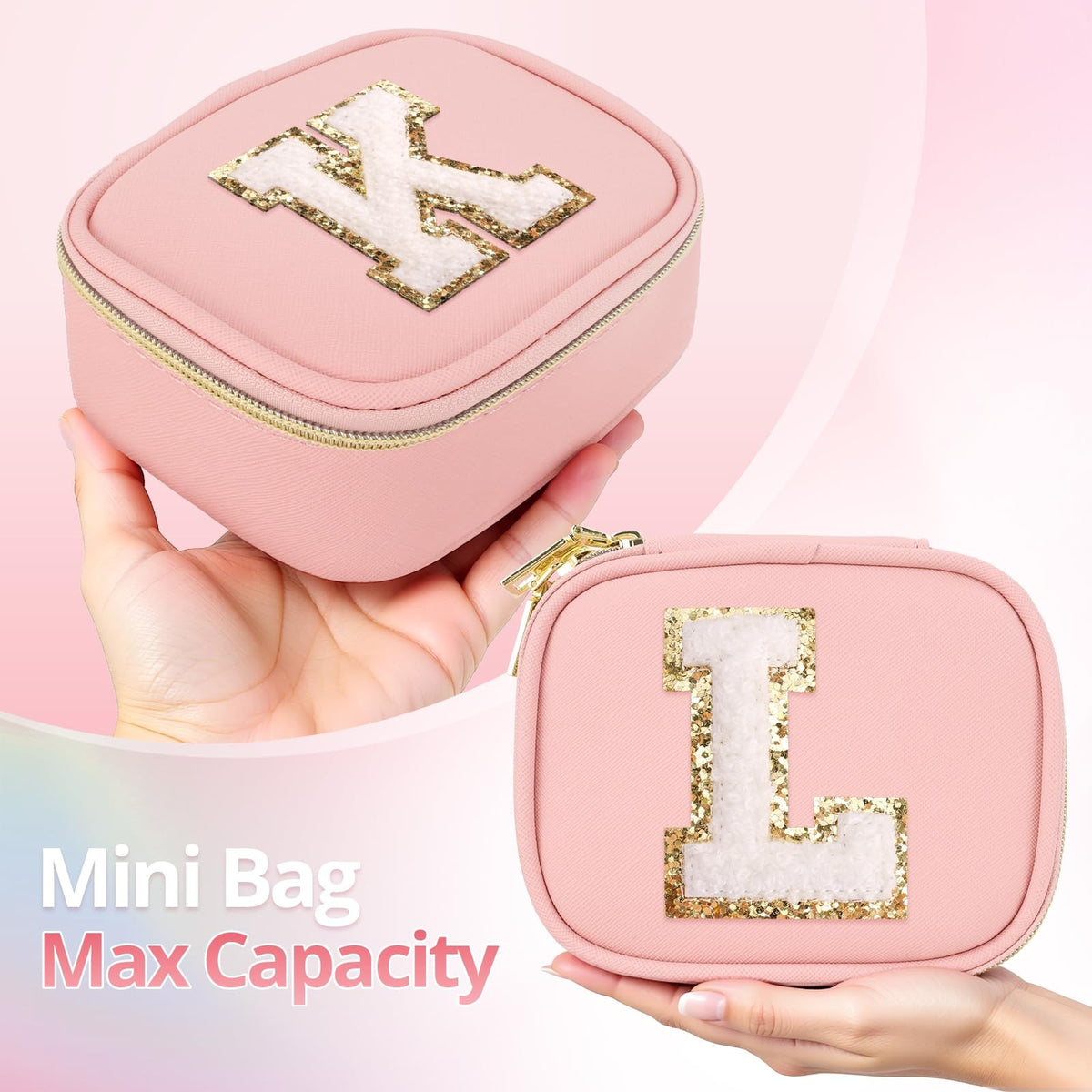 Mini Initial Makeup Bag with LED Mirror & Lights - Personalized Gift for Women & Girls