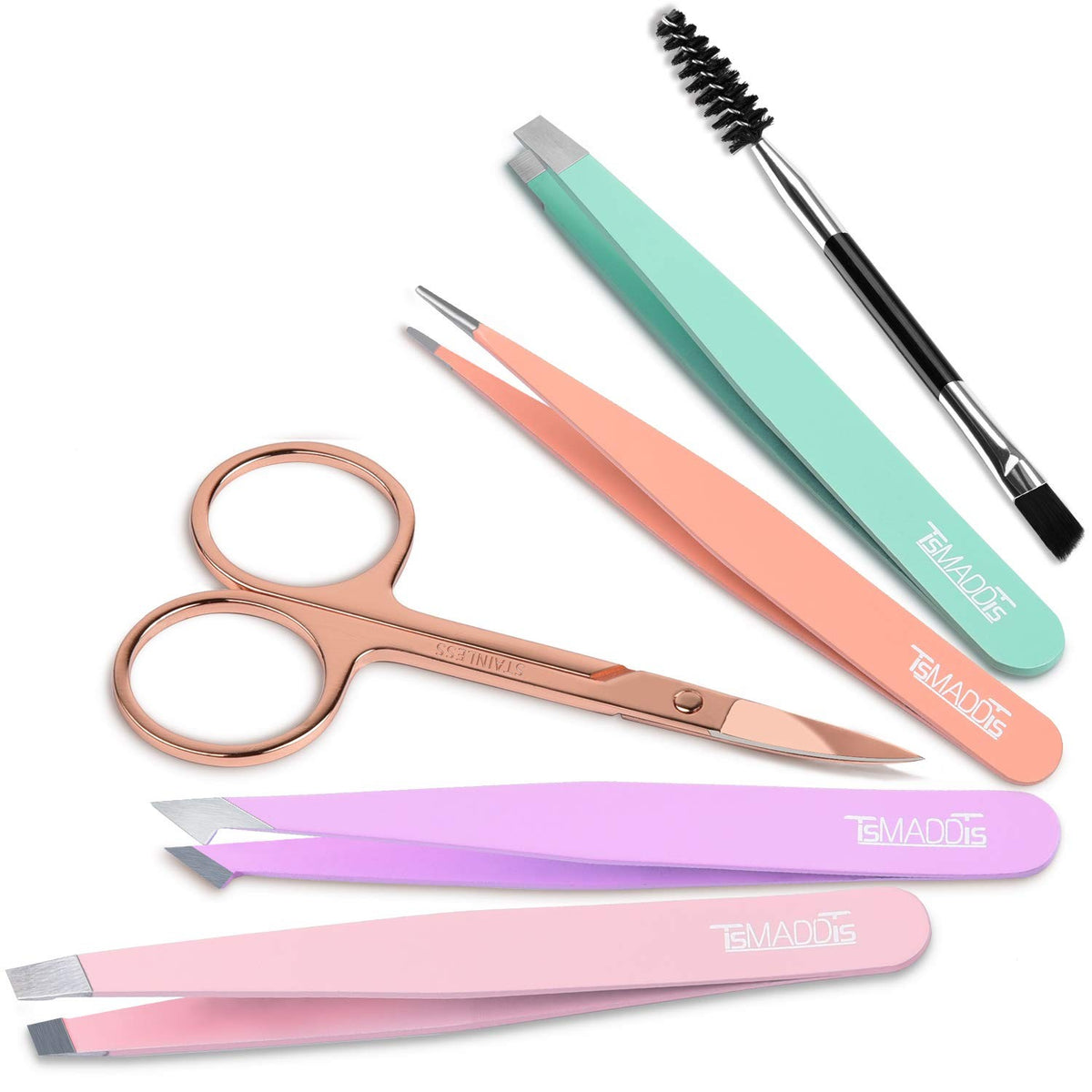 6-Piece Eyebrow Tweezers Set with Curved Scissors & Brush - Multi-Color