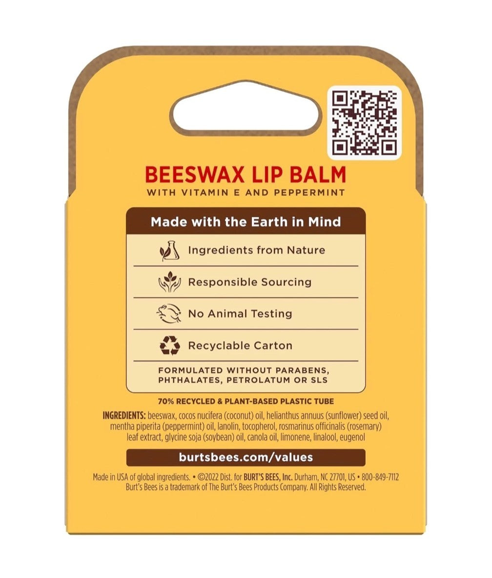 4 Pack Burt's Bees Beeswax Lip Balm with Vitamin E & Peppermint