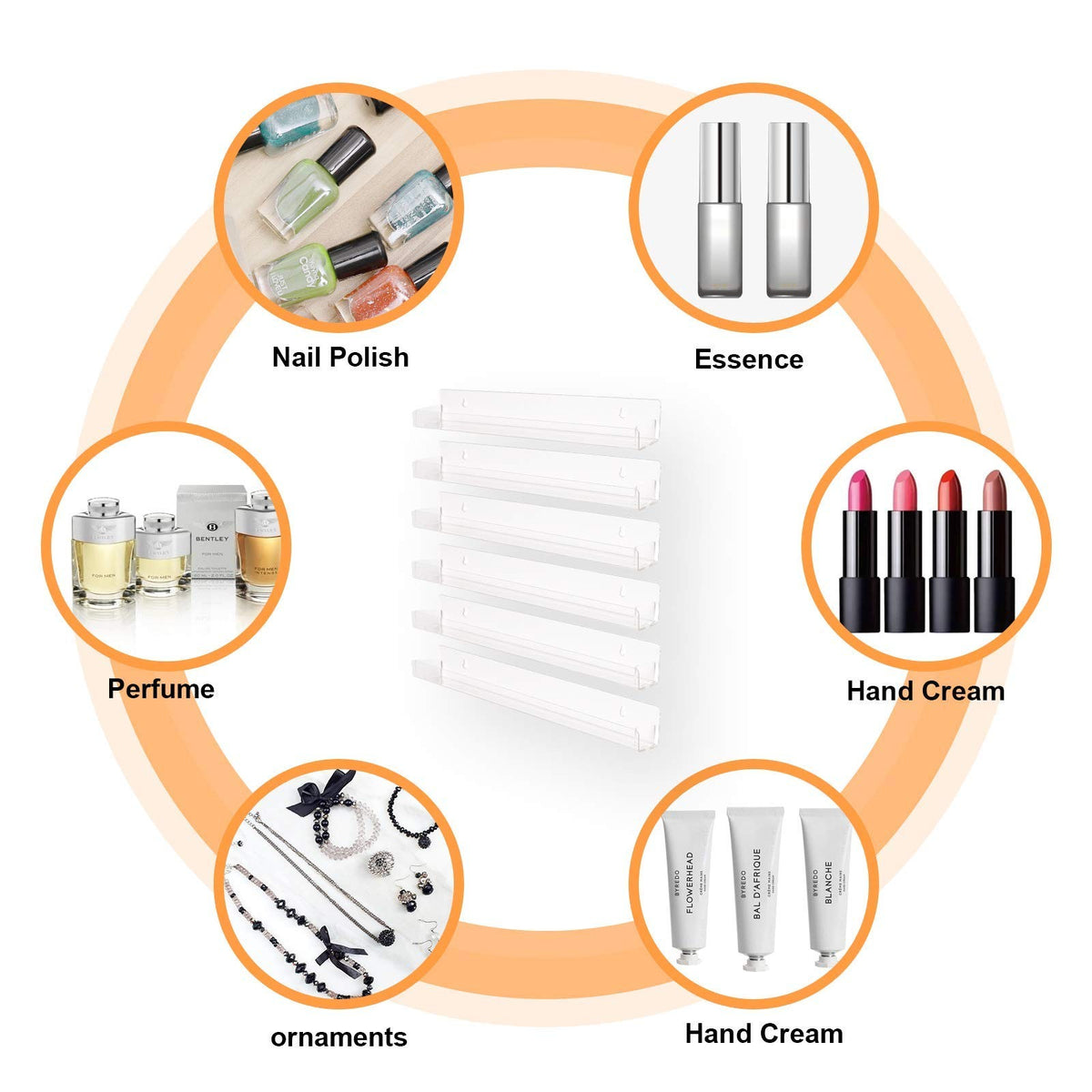 15-Inch Acrylic Wall Mount Nail Polish Organizer Shelf with 6 Tiers, Clear