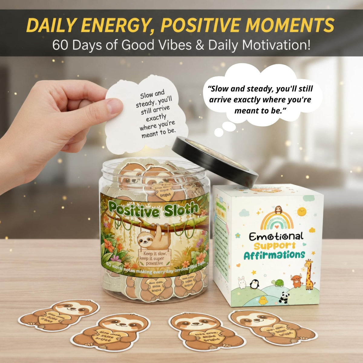 Positive Sloth Affirmation Jar with 60 Stress Relief Cards - Emotional Support Gift