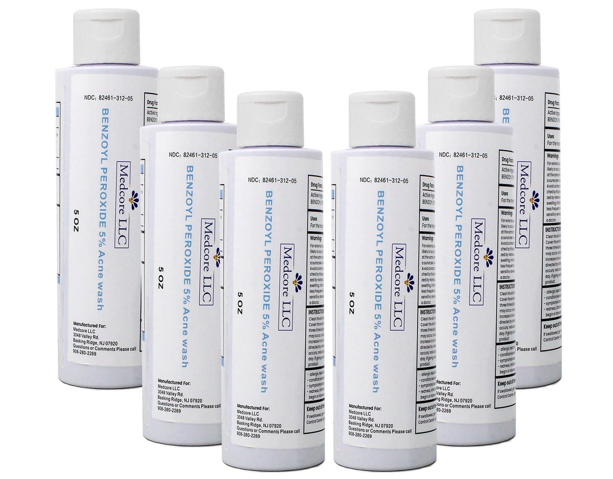 Medcore Benzoyl Peroxide 5% Acne Wash - 5 oz, 6 Pack for Acne Treatment