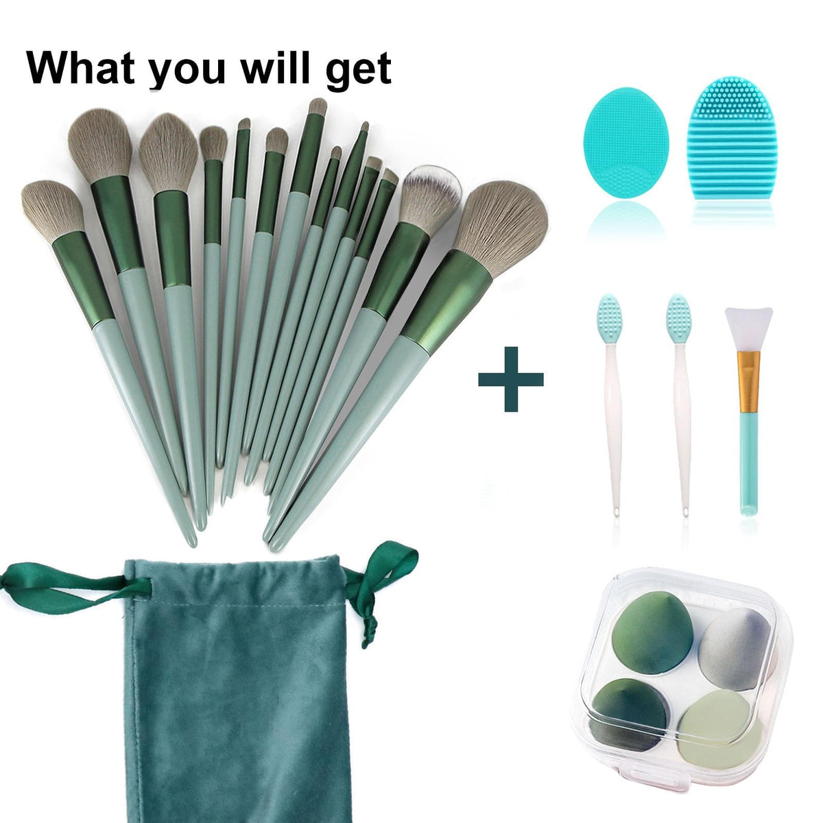Makeup Brush Set 22 Pcs with Storage Bag & Accessories - Green