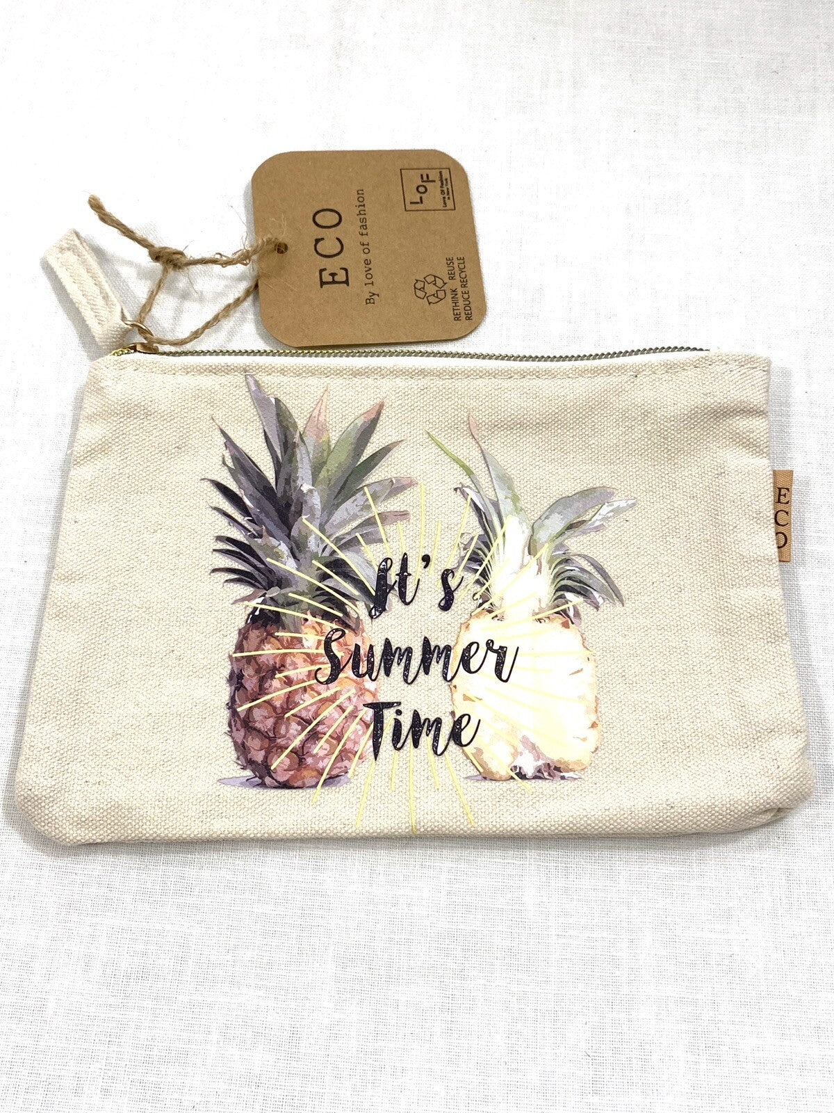 Summer Time Cosmetic Bag - Travel Makeup Pouch with Zip Closure, White