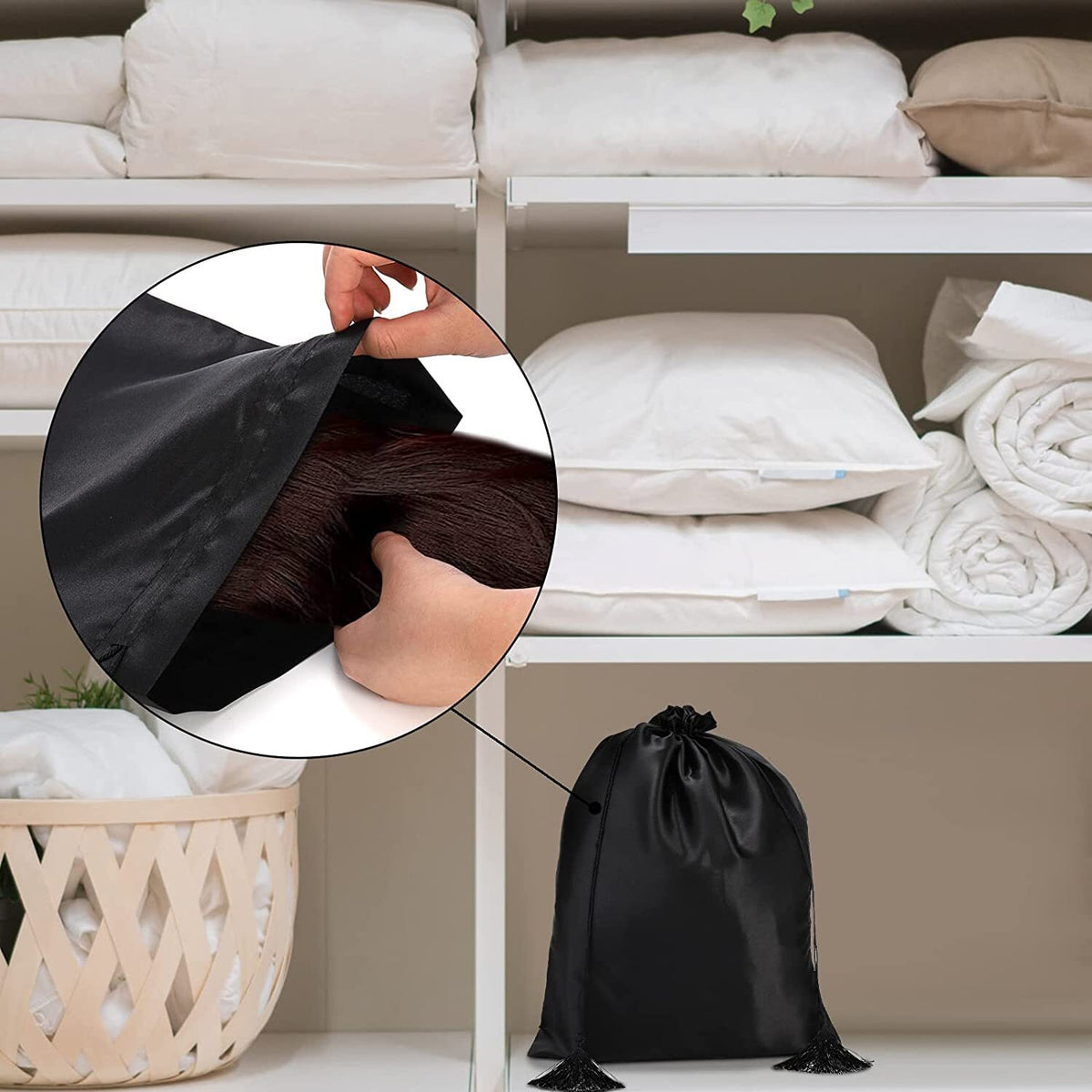 16 Pcs Satin Wig Bags Travel Storage Bags with Drawstring - Black