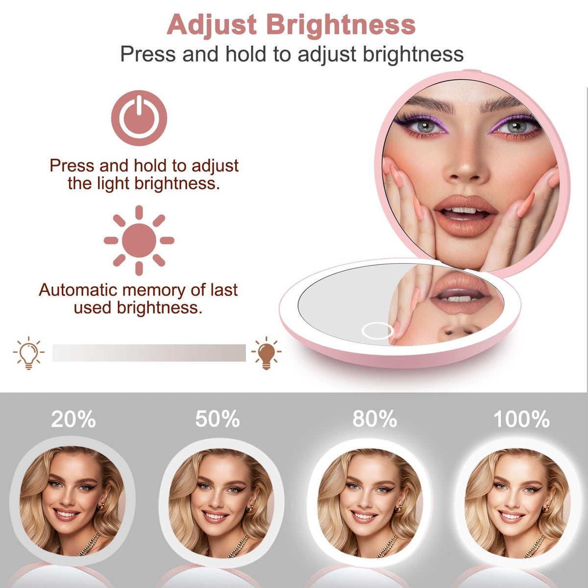 Portable Travel Makeup Mirror with Lights 1X/5X Magnification Pink