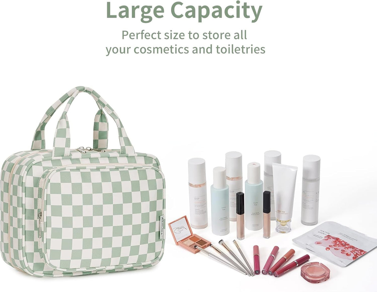 Travel Toiletry Bag with Hanging Organizer for Women and Men - Water-Resistant, Multiple Compartments, Checkered Design