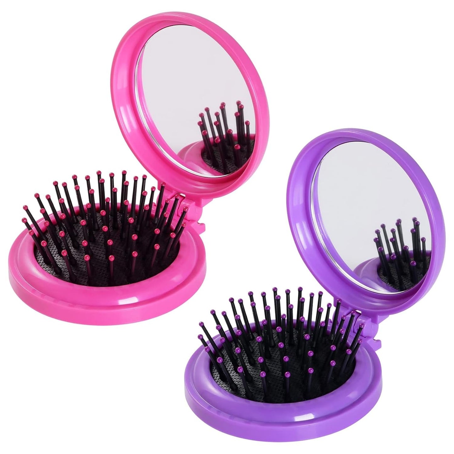 2pcs Folding Travel Hair Brushes Round Mirror Compact Rose Red & Purple