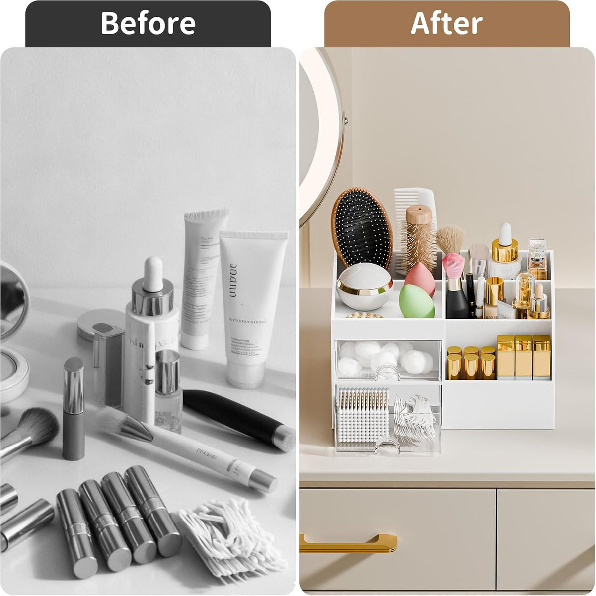 Makeup Organizer with 2 Drawers and Compartments for Vanity and Storage