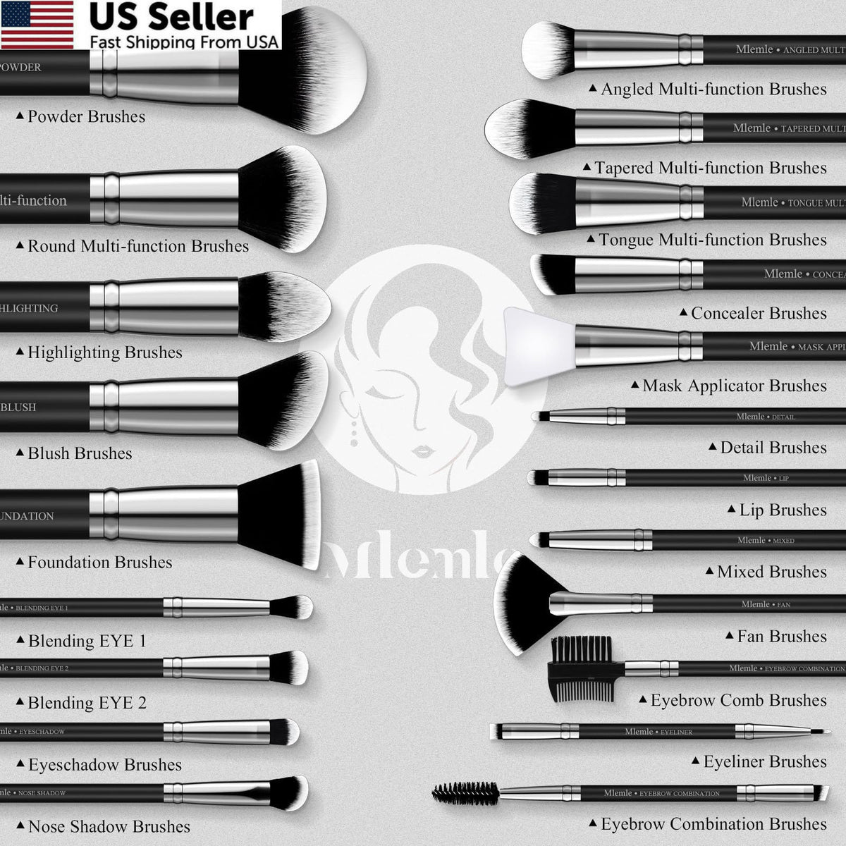 Professional 25-Piece Makeup Brush Set with Sponges and Puff - Black
