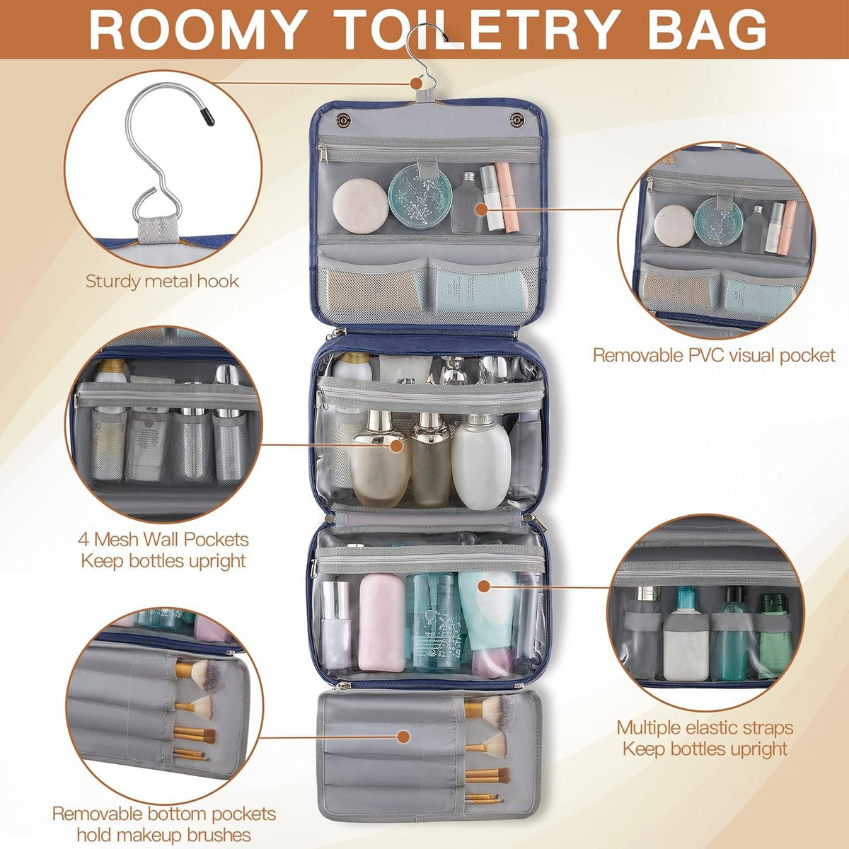 Men's Waterproof Travel Toiletry Bag with Hanging Hook and Multiple Compartments