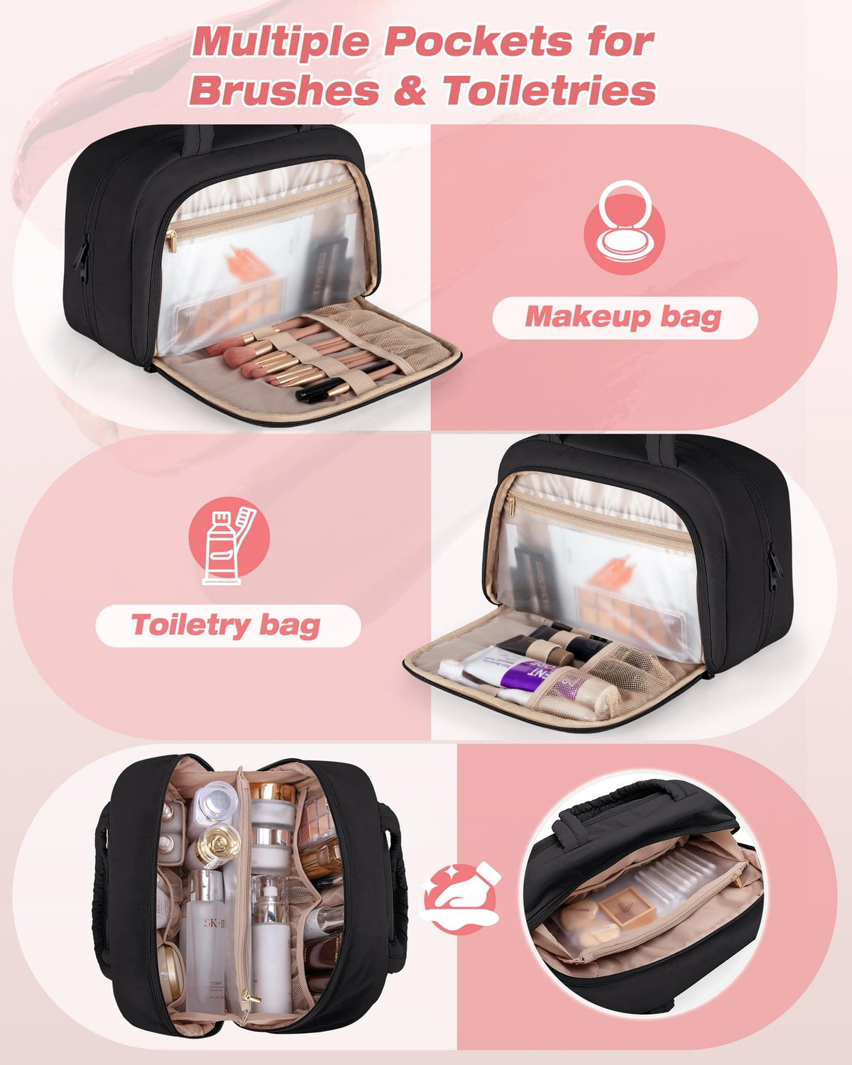 Travel Toiletry Bag with Hanging Hook Waterproof Puffy Cosmetic Organizer Black