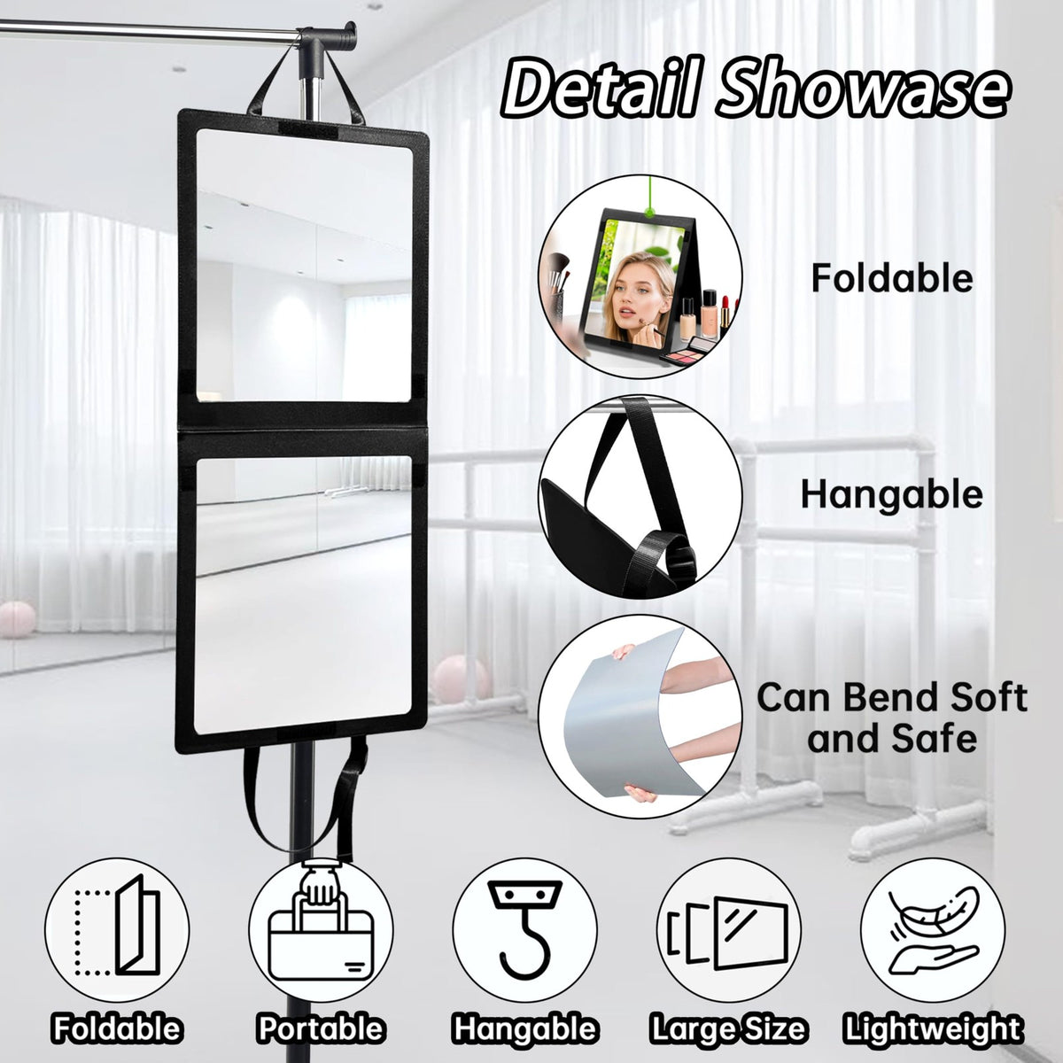 Foldable Full-Length Camping Mirror 33x13 Inch Shatterproof Hanging Travel